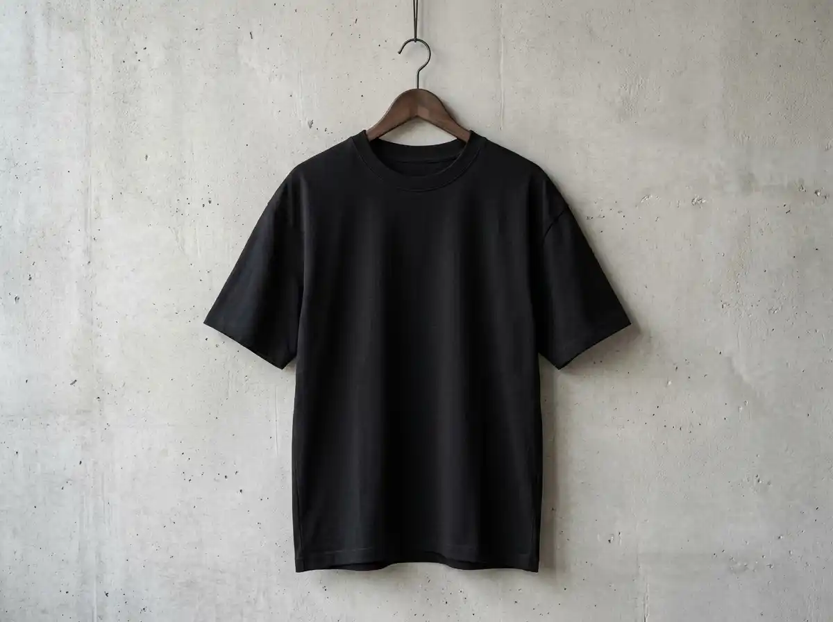 El mismo polo negro oversize liso en perchero de madera antes de estampar